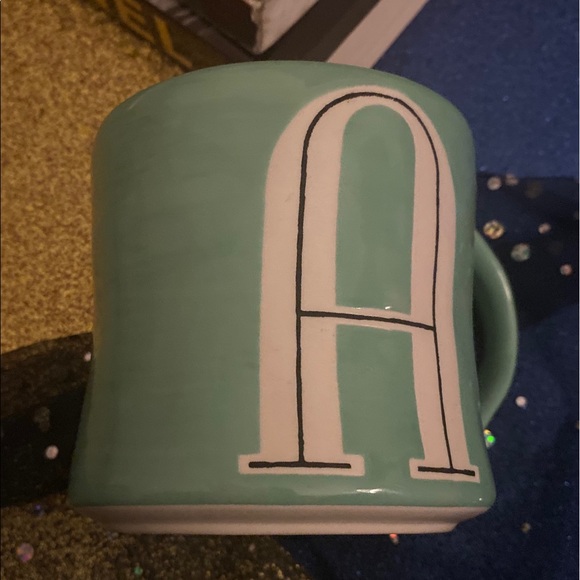 NWOT ANTHRO LMTD HAND-PAINTED TEAL WHITE MONOGRAM A ALPHABET RETRO Mug - Picture 2 of 8